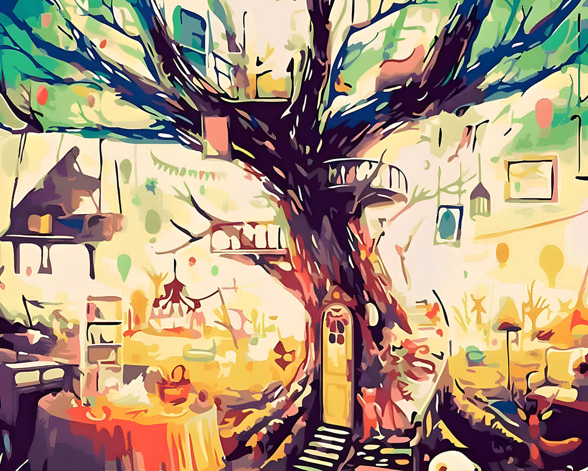 Whimsical treehouse interior cross stitch kit for beginners