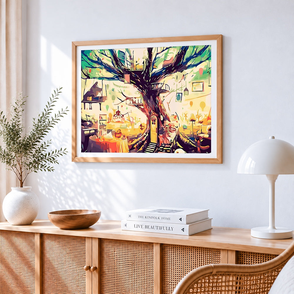 Whimsical treehouse interior cross stitch artwork displayed on wall as home decor