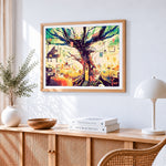 Whimsical treehouse interior cross stitch artwork displayed on wall as home decor