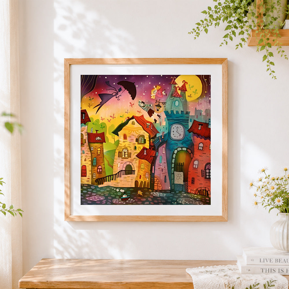Finished whimsical twisted town cross stitch artwork displayed