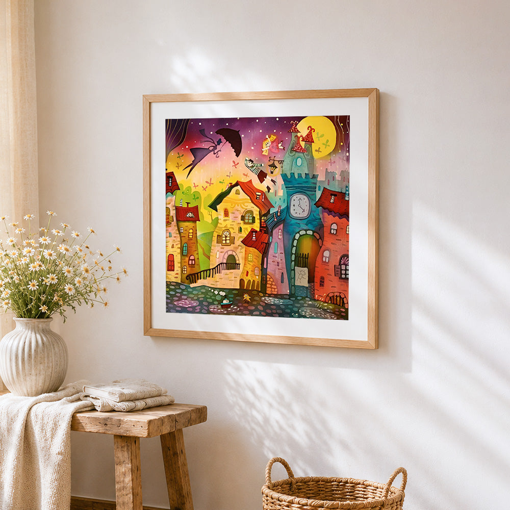 Whimsical twisted town cross stitch artwork displayed on wall as home decor