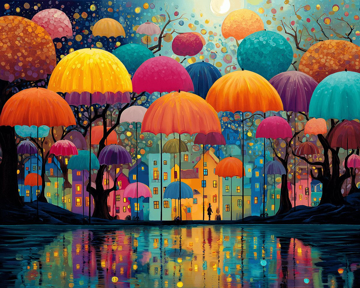 Whimsical umbrella city cross stitch kit for beginners