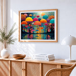 Whimsical umbrella city cross stitch artwork displayed on wall as home decor