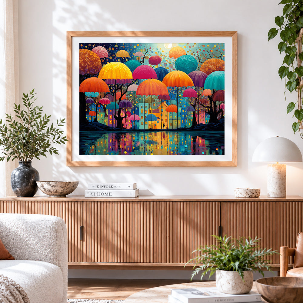 Finished whimsical umbrella city paint by numbers artwork displayed as home decor