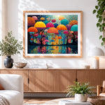 Finished whimsical umbrella city paint by numbers artwork displayed as home decor