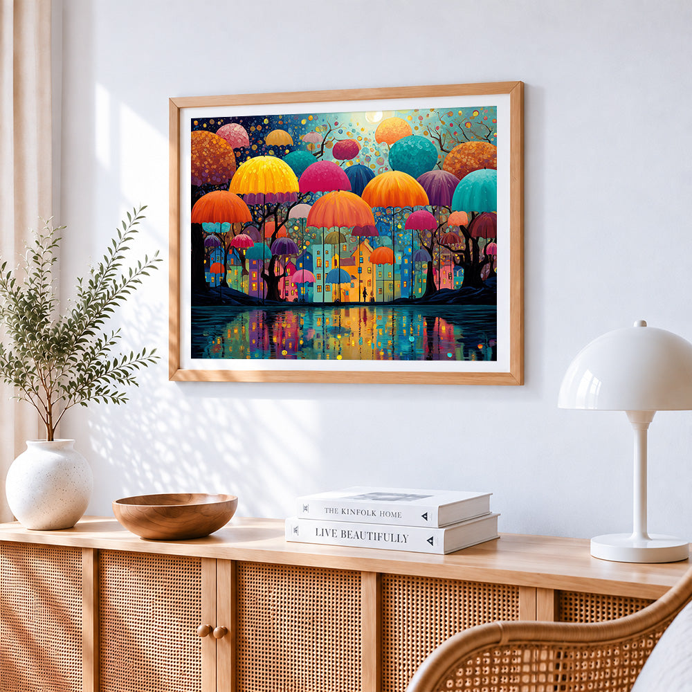 Whimsical umbrella city paint by numbers artwork displayed on wall as home decor