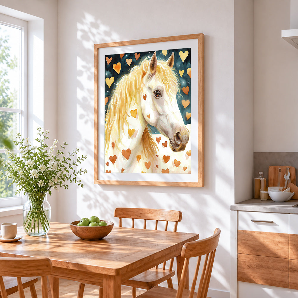 Whimsical white horse and hearts cross stitch artwork displayed on wall as home decor