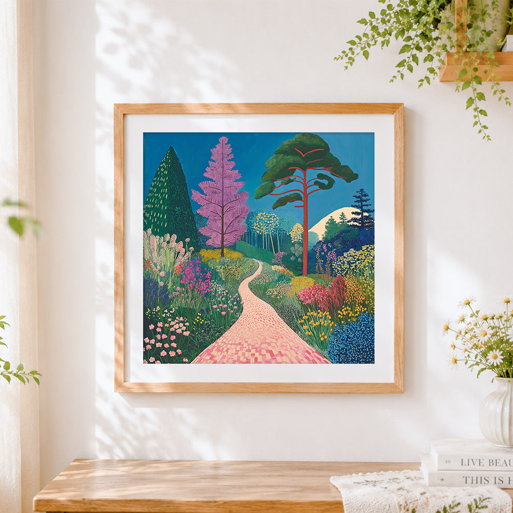 Finished whimsical wildflowers and path cross stitch artwork displayed