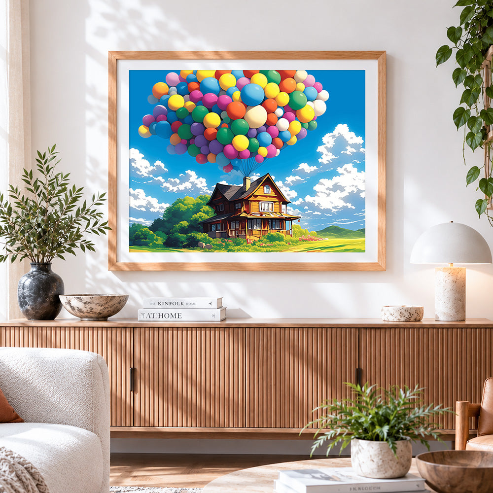Finished whimsical wooden house with balloons cross stitch artwork displayed