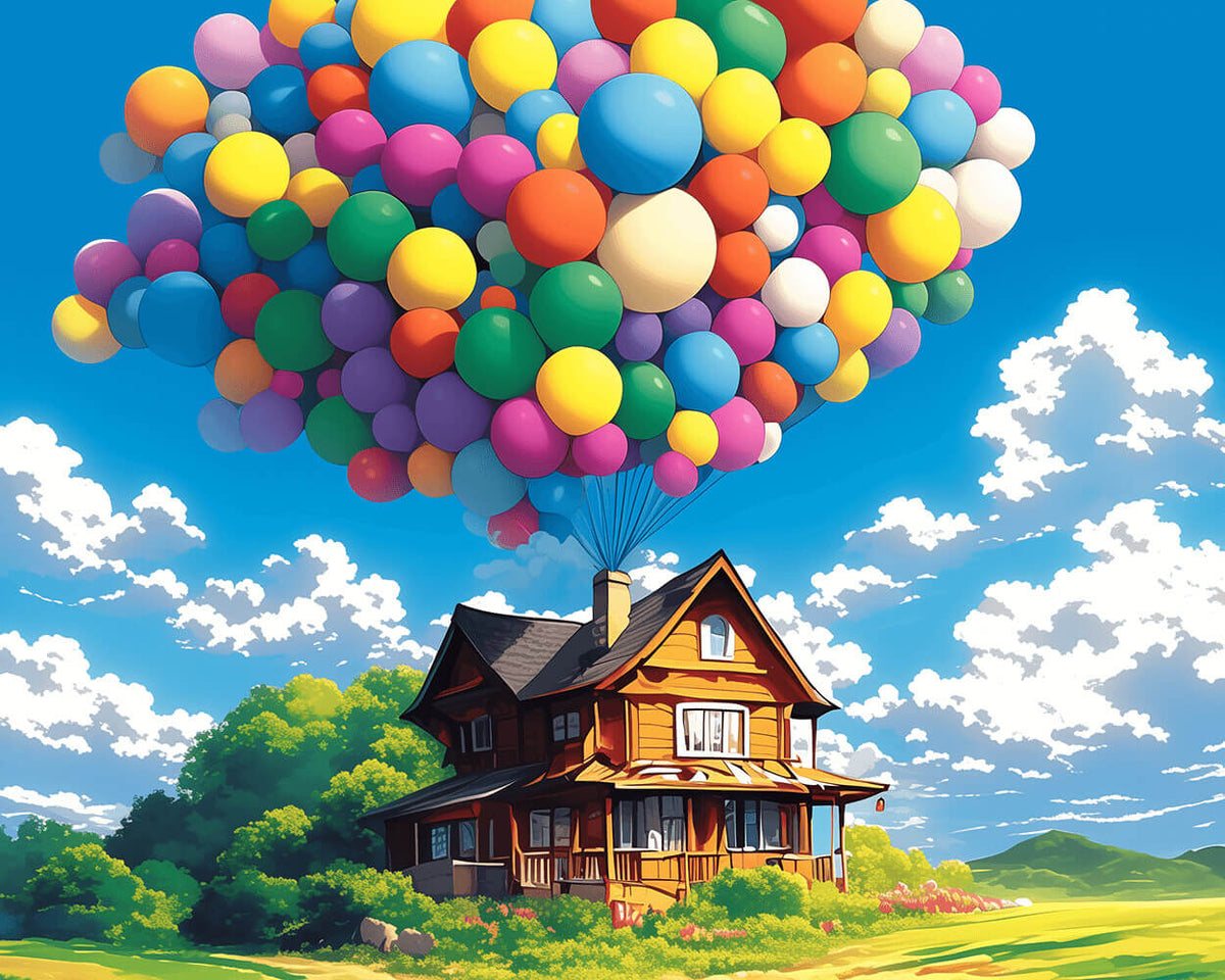 Whimsical wooden house with balloons cross stitch kit for beginners