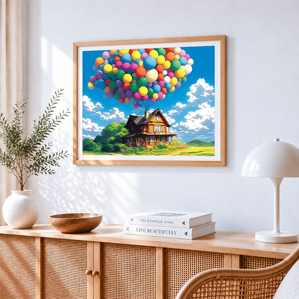Whimsical wooden house with balloons cross stitch artwork displayed on wall as home decor