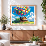 Finished whimsical wooden house with balloons paint by numbers artwork displayed as home decor