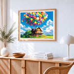 Whimsical wooden house with balloons paint by numbers artwork displayed on wall as home decor