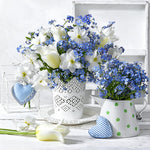 White and blue floral still life cross stitch kit for beginners