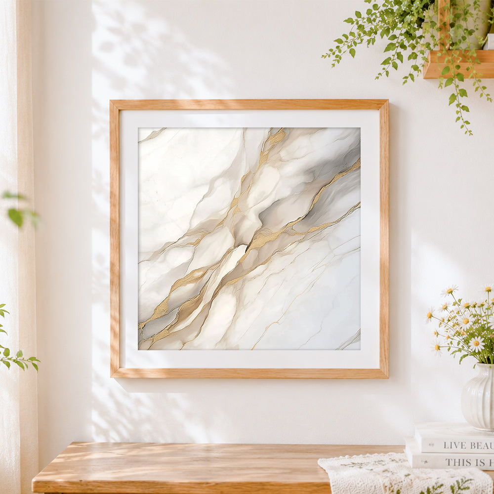 Finished white and gold marble texture cross stitch artwork displayed