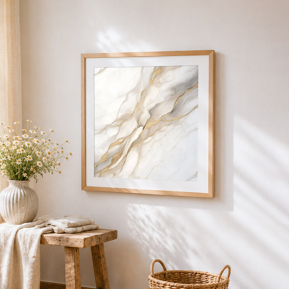 White and gold marble texture cross stitch artwork displayed on wall as home decor