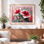 Finished white and red hibiscus paint by numbers artwork displayed as home decor