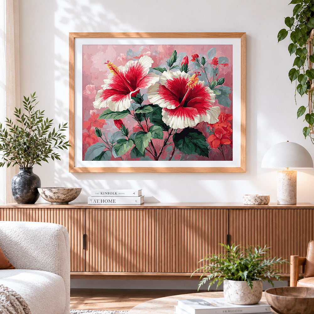 Finished white and red hibiscus paint by numbers artwork displayed as home decor