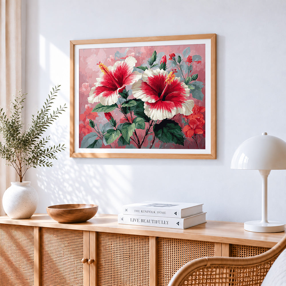 White and red hibiscus paint by numbers artwork displayed on wall as home decor