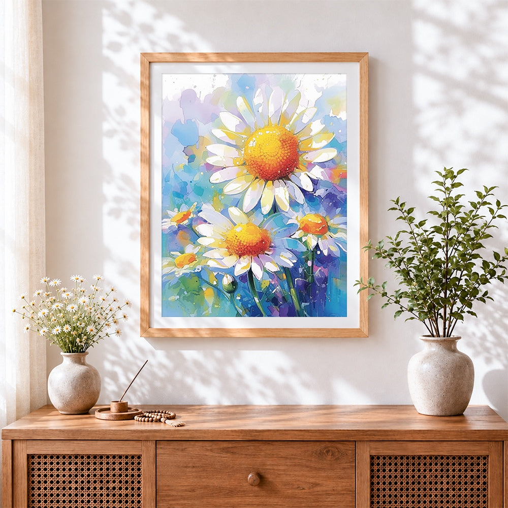 Finished white and yellow daisies cross stitch artwork displayed