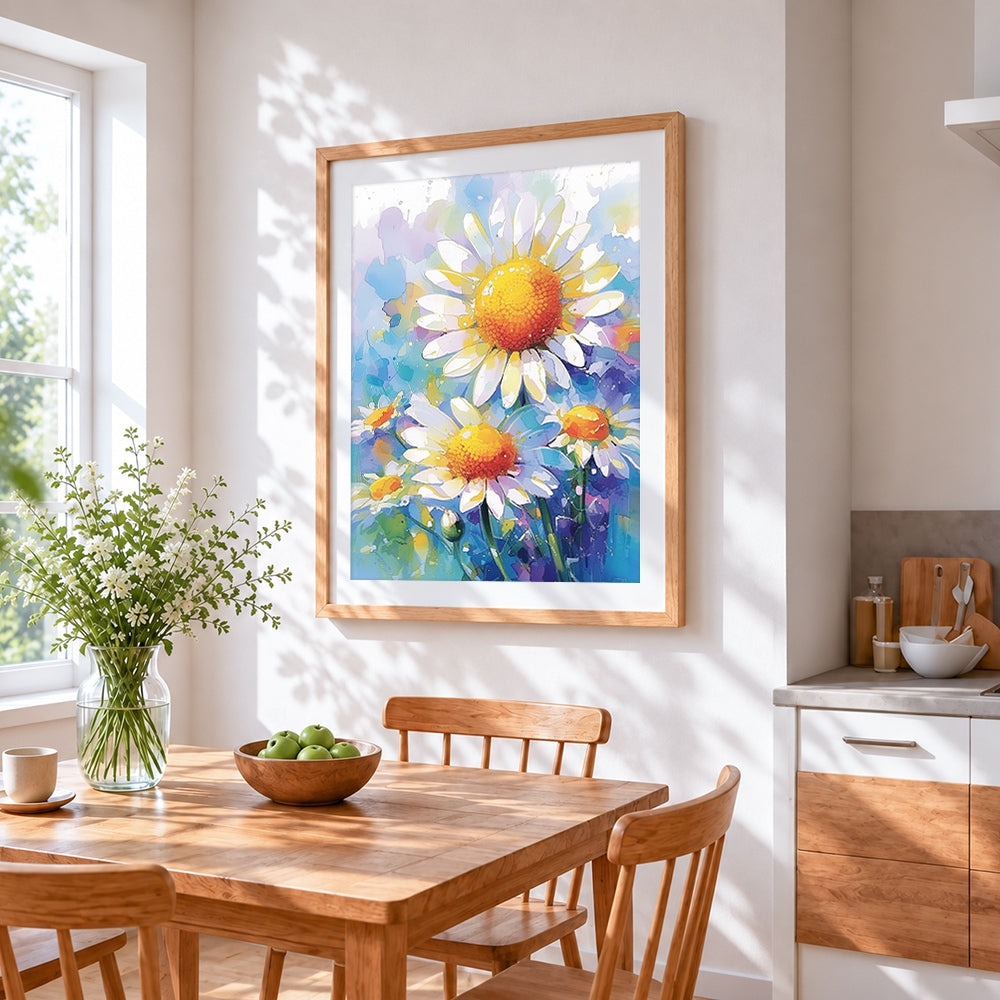 White and yellow daisies cross stitch artwork displayed on wall as home decor