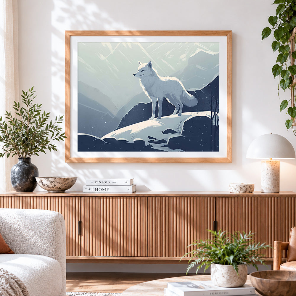 Finished white arctic fox in the snowy mountains cross stitch artwork displayed