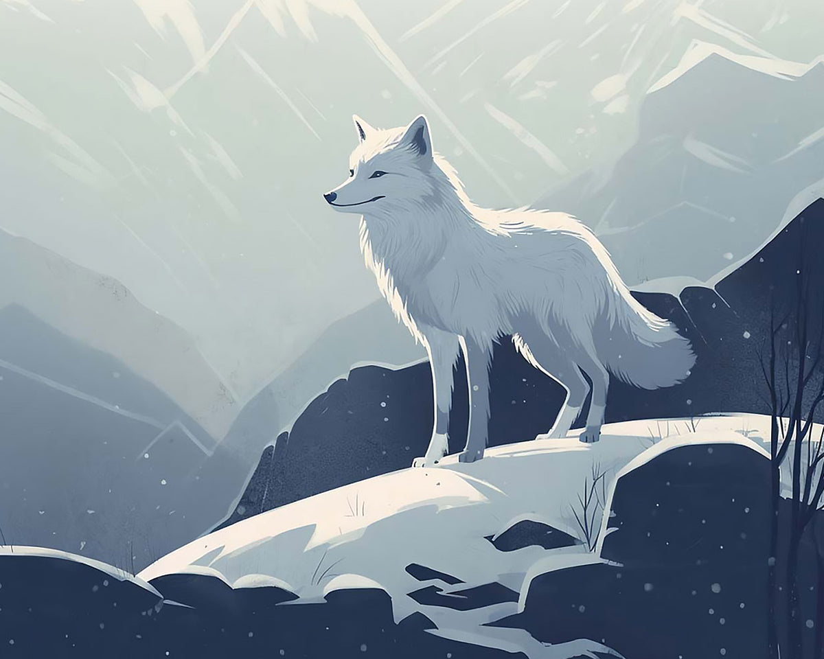 White arctic fox in the snowy mountains cross stitch kit for beginners