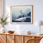 White arctic fox in the snowy mountains cross stitch artwork displayed on wall as home decor