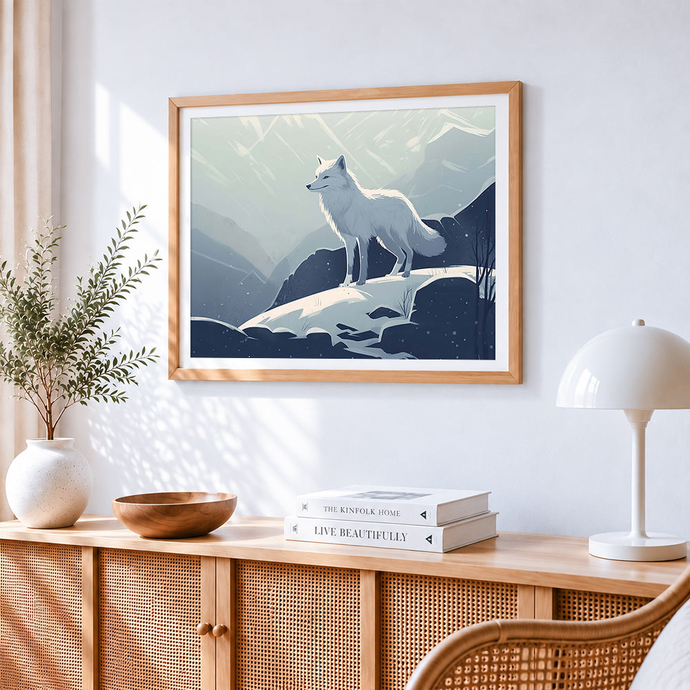 White arctic fox in the snowy mountains paint by numbers artwork displayed on wall as home decor