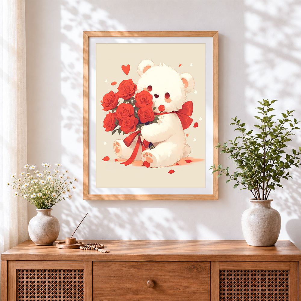 Finished white bear with a bouquet of roses cross stitch artwork displayed