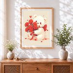 Finished white bear with a bouquet of roses cross stitch artwork displayed