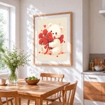 White bear with a bouquet of roses cross stitch artwork displayed on wall as home decor