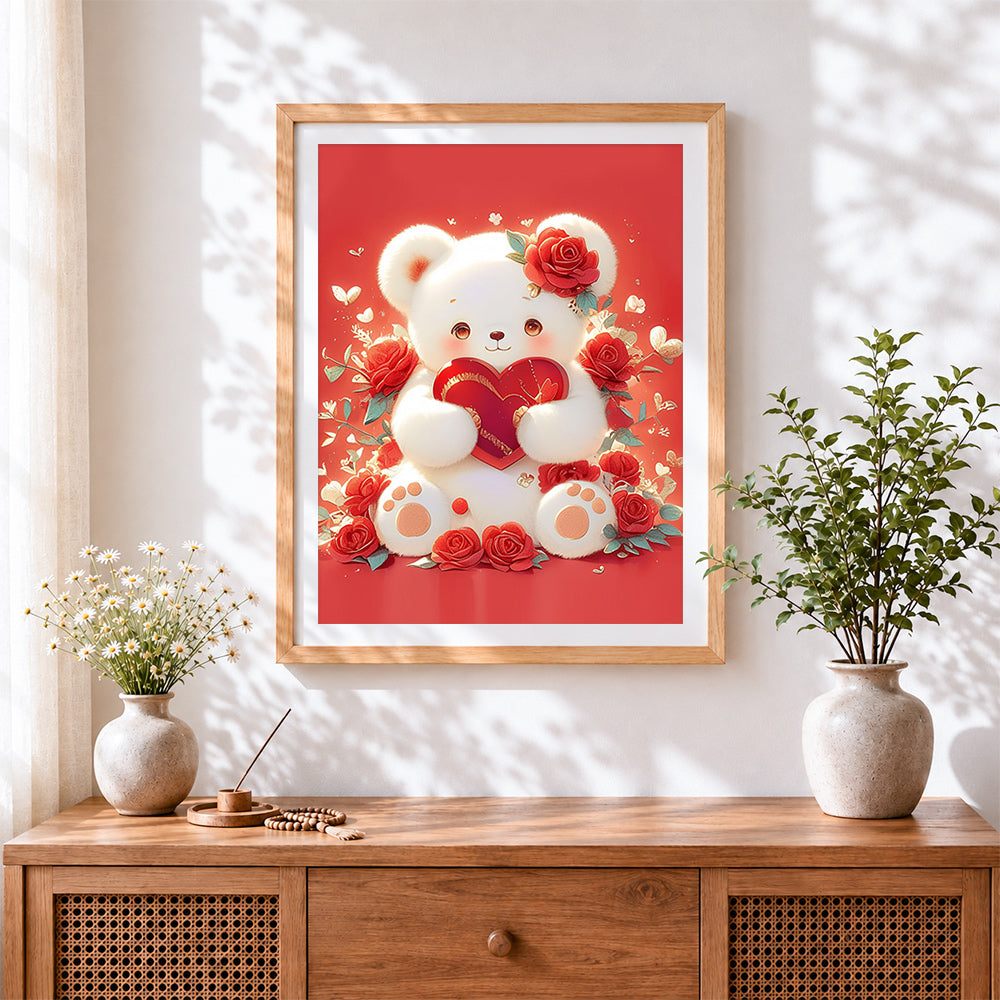Finished white bear with roses and heart cross stitch artwork displayed