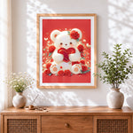 Finished white bear with roses and heart cross stitch artwork displayed