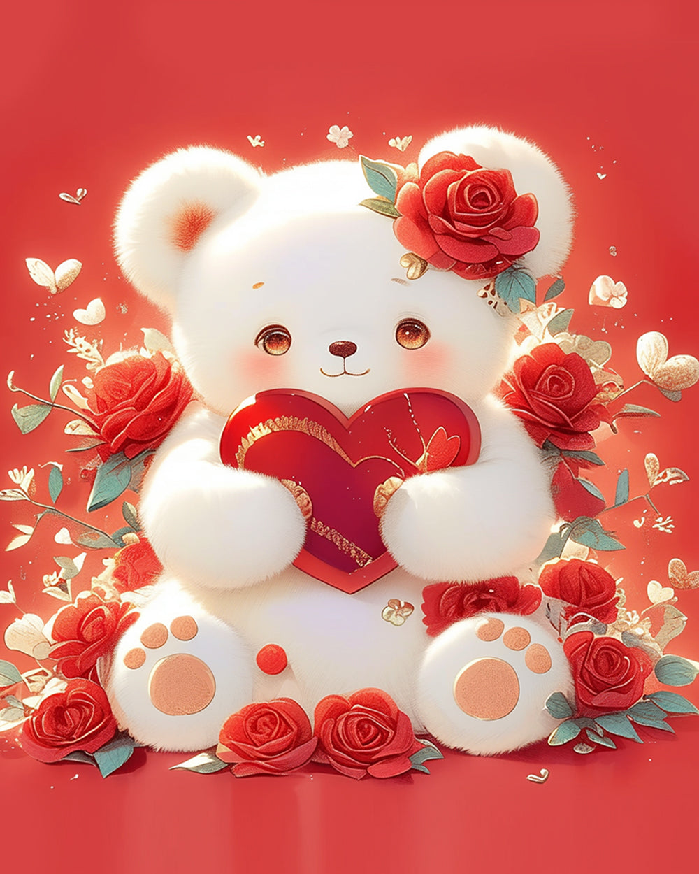 White bear with roses and heart cross stitch kit for beginners