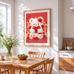 White bear with roses and heart cross stitch artwork displayed on wall as home decor