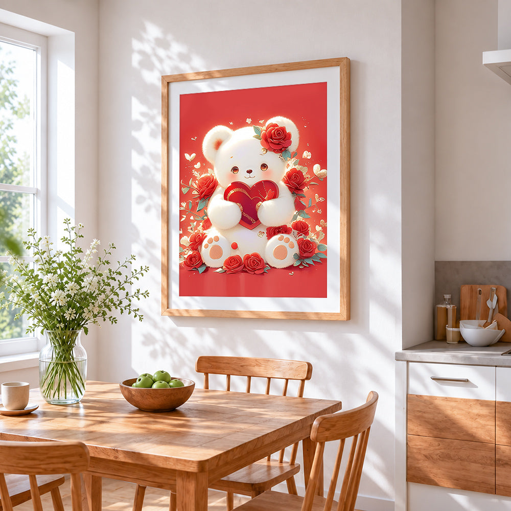 White bear with roses and heart cross stitch artwork displayed on wall as home decor