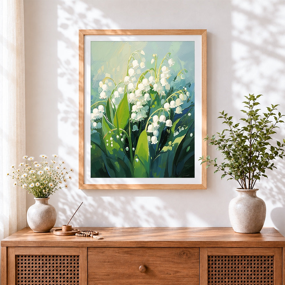 Finished white bell flowers cross stitch artwork displayed