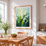 White bell flowers cross stitch artwork displayed on wall as home decor