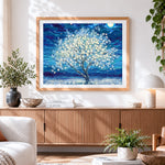 Finished white blossom tree at midnight paint by numbers artwork displayed as home decor