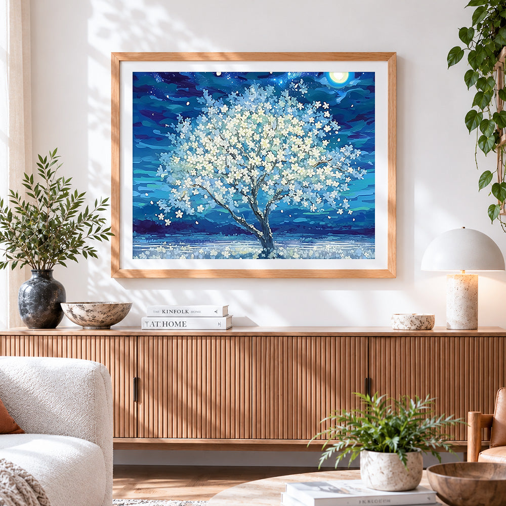 Finished white blossom tree at midnight paint by numbers artwork displayed as home decor