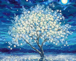 White blossom tree at midnight paint by numbers kit for beginners