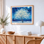 White blossom tree at midnight paint by numbers artwork displayed on wall as home decor