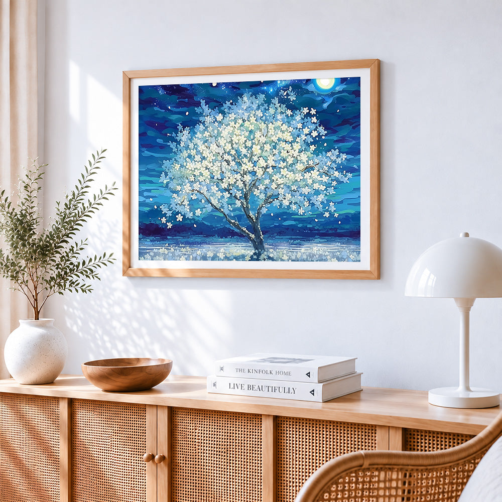 White blossom tree at midnight paint by numbers artwork displayed on wall as home decor