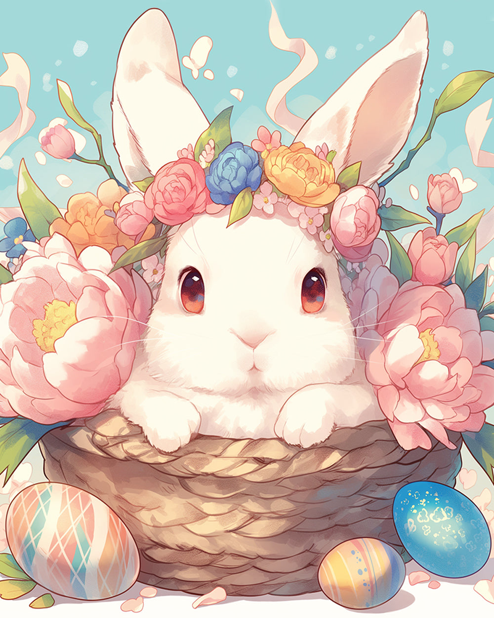 White bunny in a basket with flowers cross stitch kit for beginners
