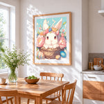White bunny in a basket with flowers cross stitch artwork displayed on wall as home decor