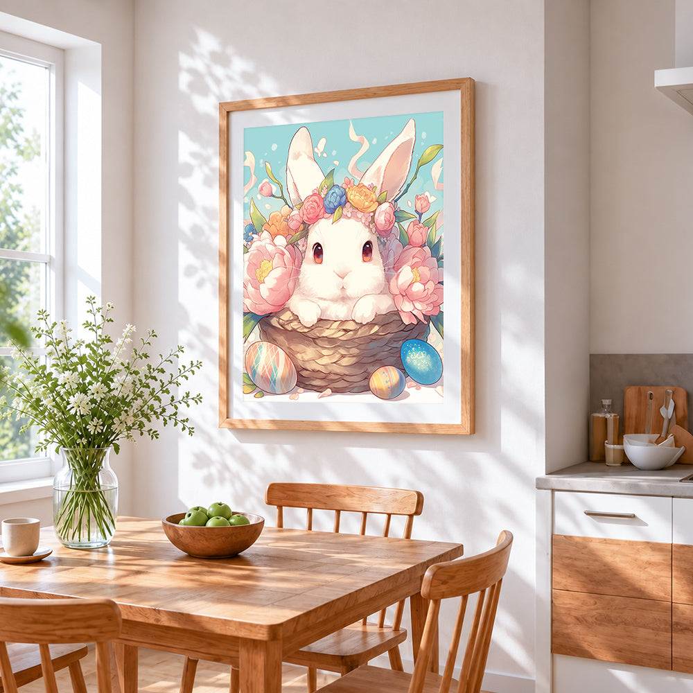 White bunny in a basket with flowers cross stitch artwork displayed on wall as home decor