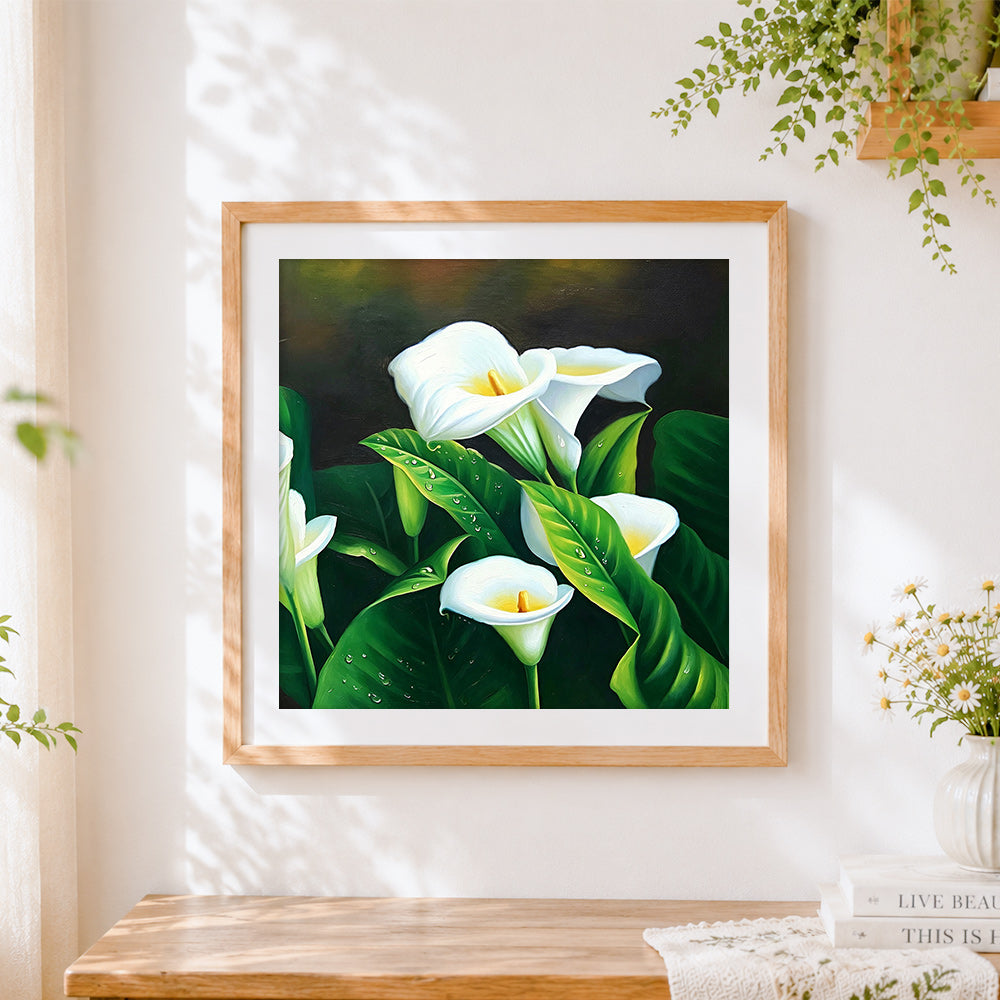 Finished white calla lilies with dew drops cross stitch artwork displayed