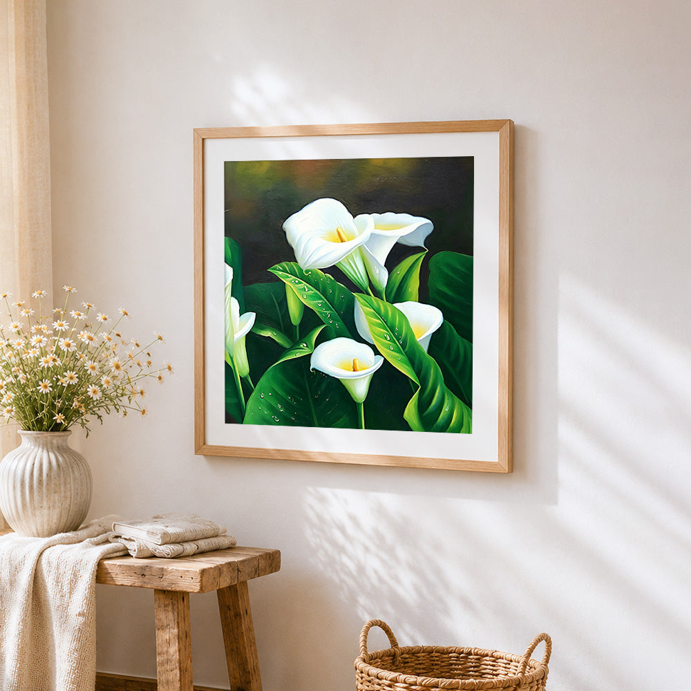 White calla lilies with dew drops cross stitch artwork displayed on wall as home decor