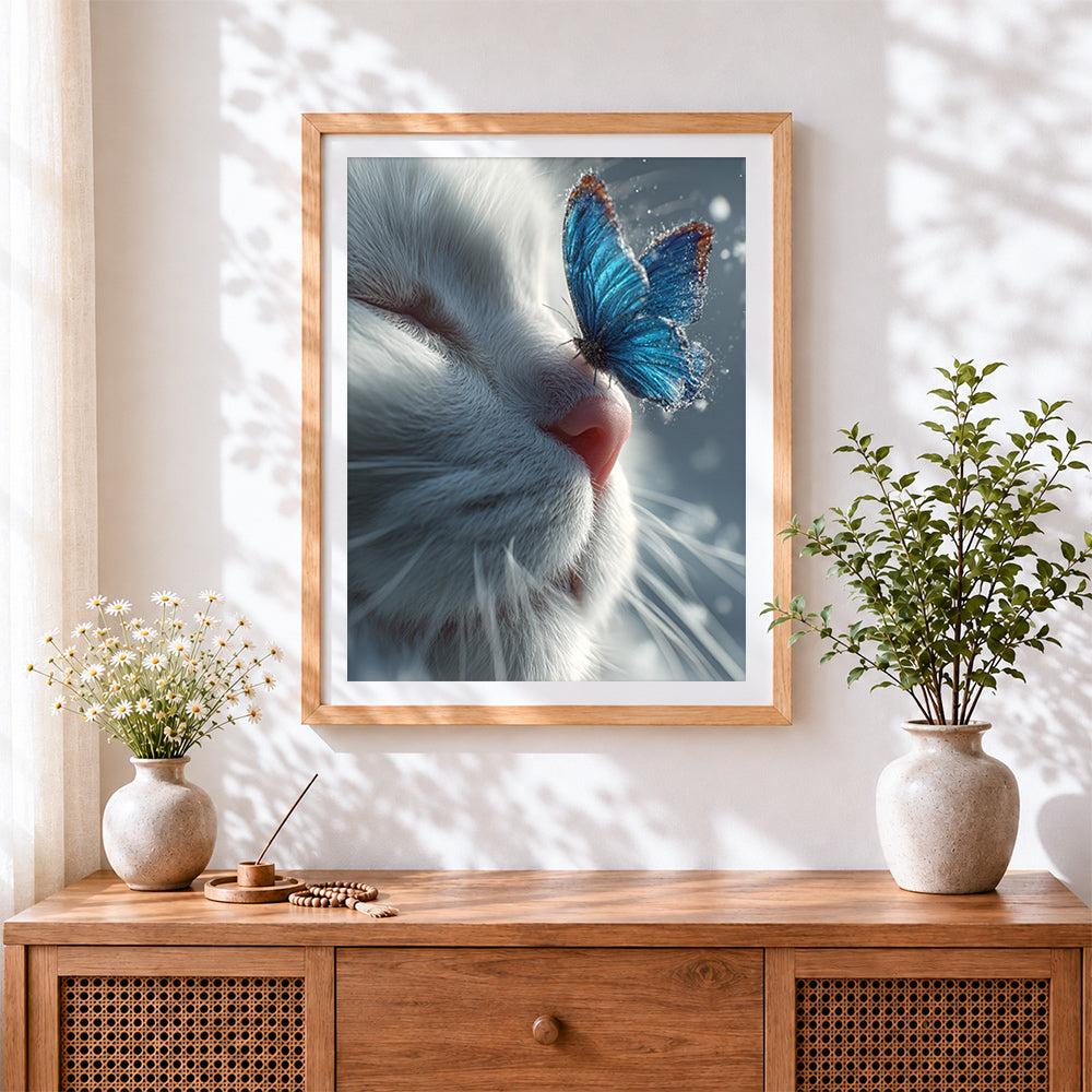 Finished white cat and blue butterfly cross stitch artwork displayed